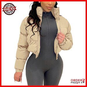 Cropped Puffer Jacket Zip Up Winter Quilted Bubble Coat Women's